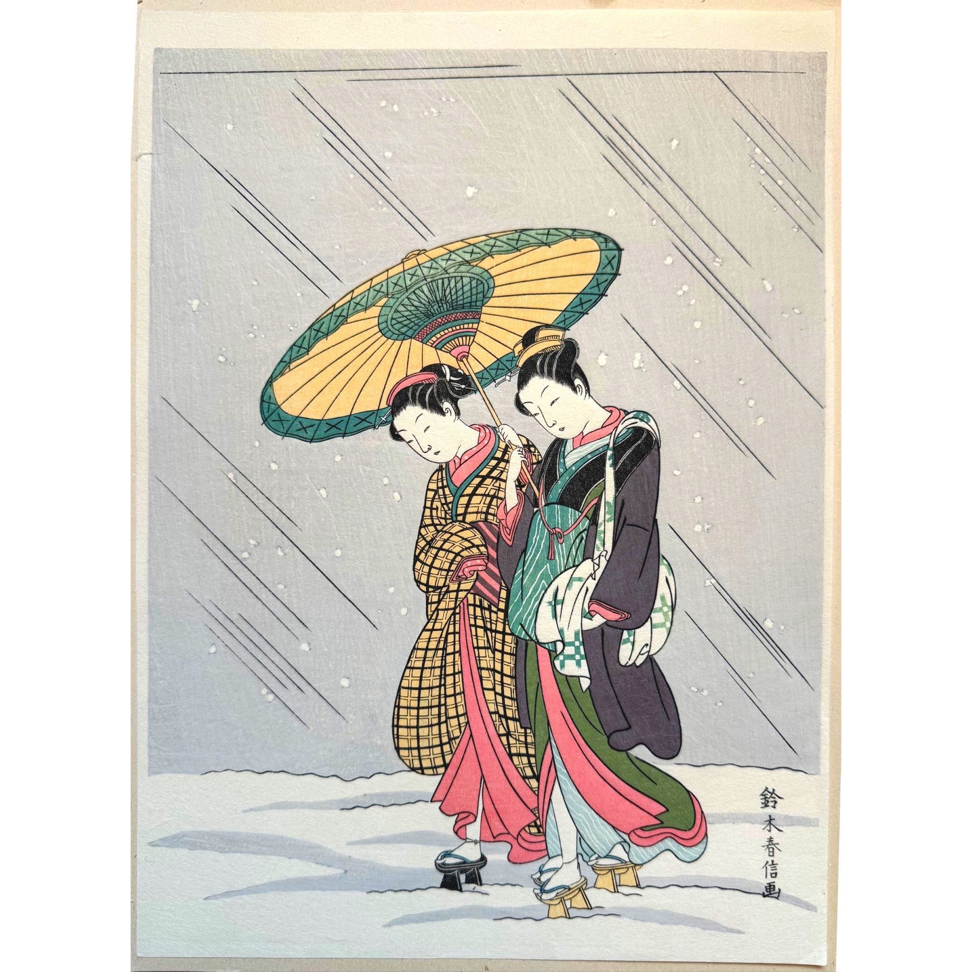 Suzuki Harunobu - Beautés revenant du bain sous la neige, époque Shōwa