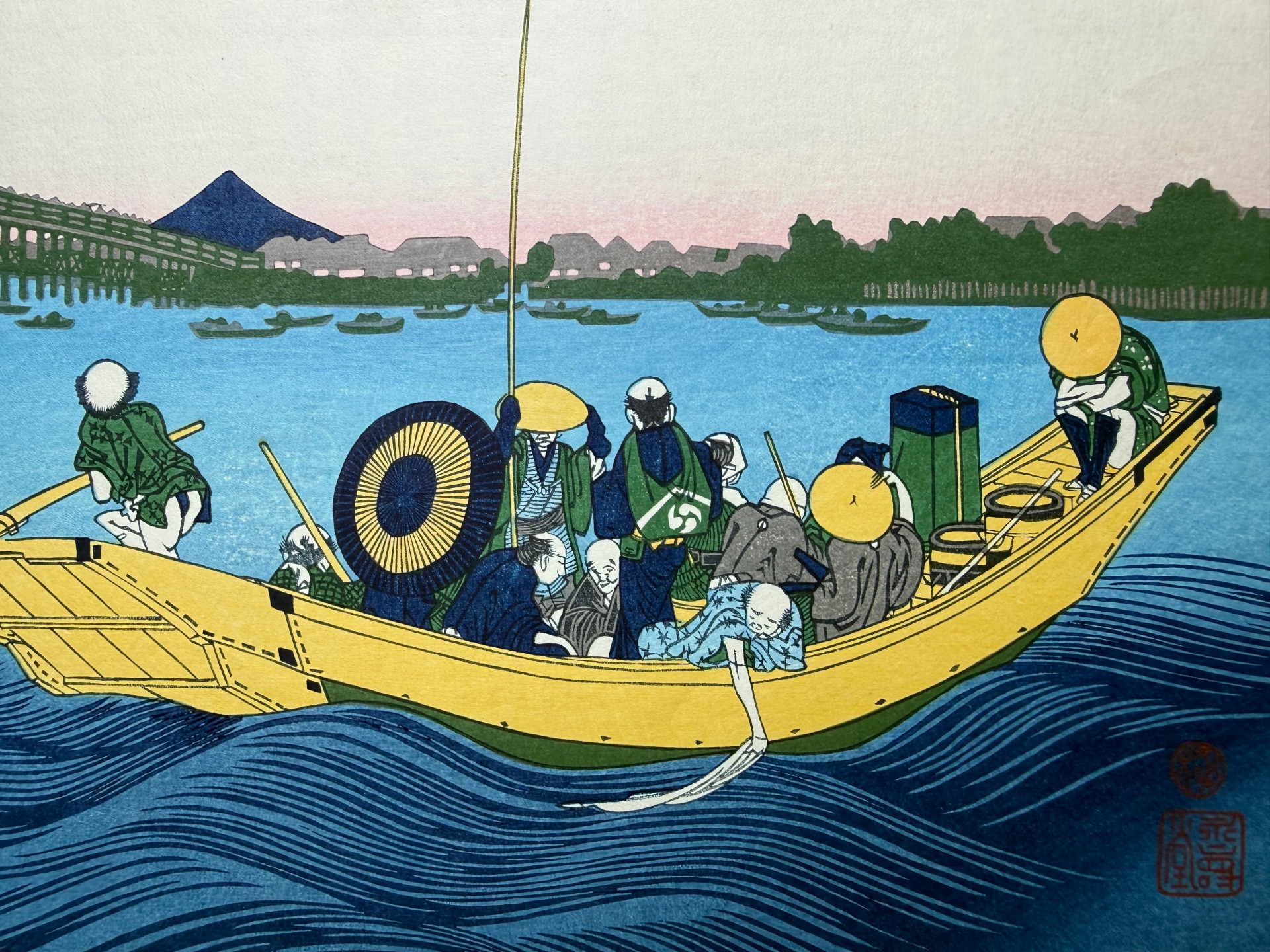 Katsushika Hokusai – Trente-six vues du mont Fuji : Vue du pont Ryōgoku au soleil couchant – Image 3